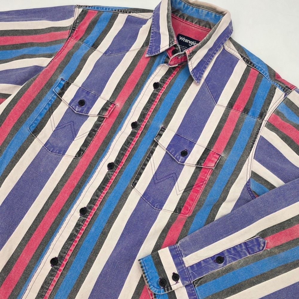 VINTAGE 90s WRANGLER BRUSHPOPPER SHIRT MENS 16 1/2 35 LARGE STRIPED FADED USA